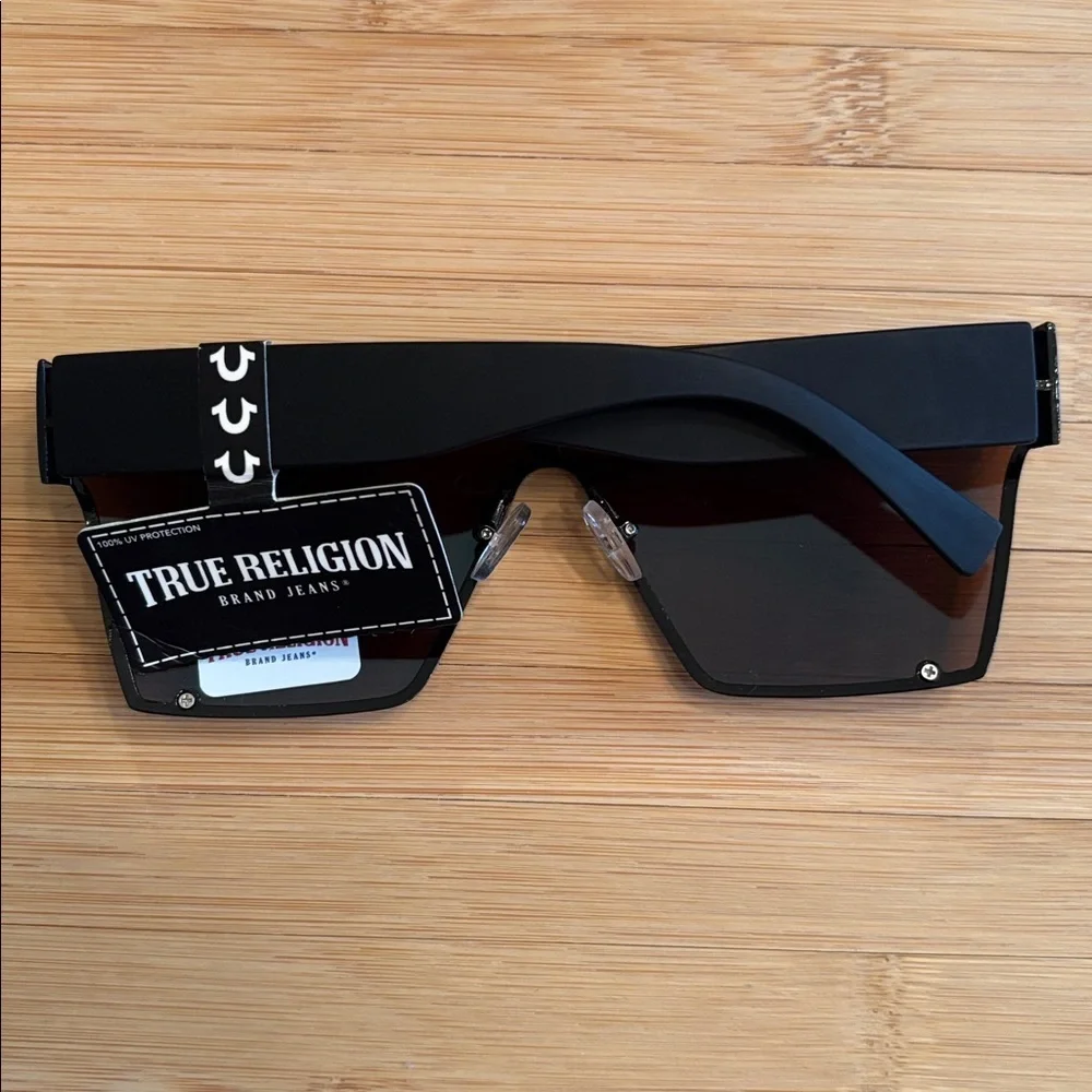 Brand New True Religion Black Shield Mirrored Aviator Sunglasses Flat Top Square